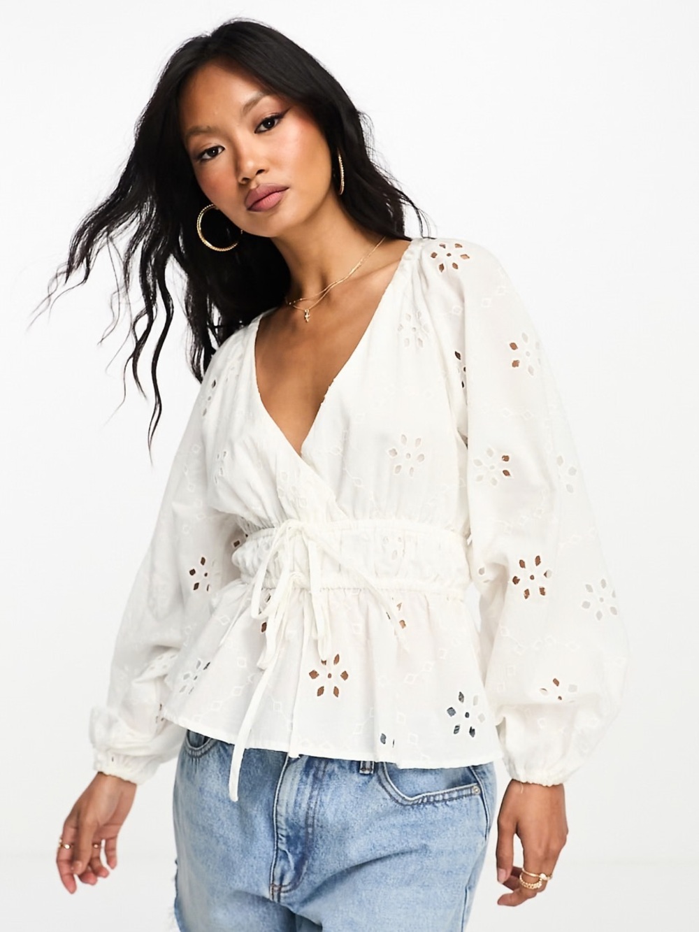 ASOS DESIGN kimono sleeve broderie top with tie waist in white size 12